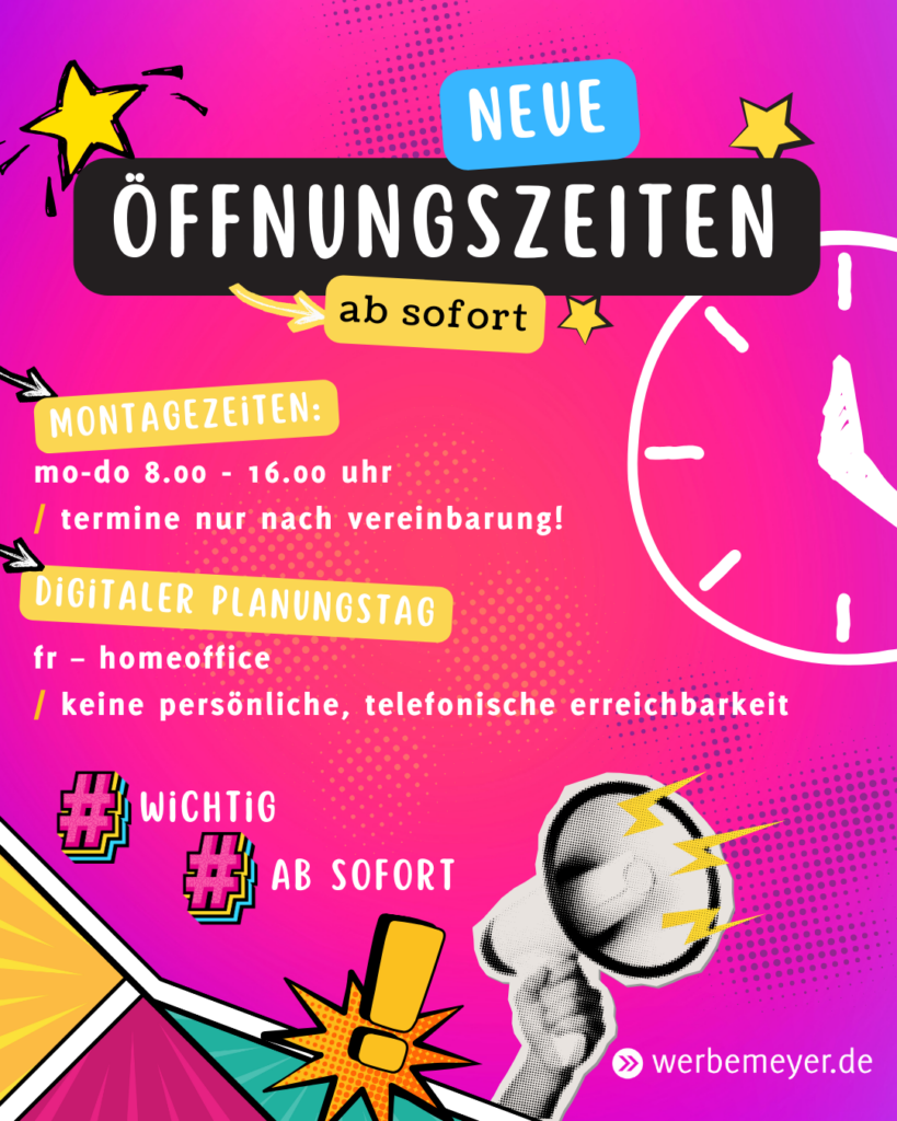 Neue &Ouml;ffnungszeiten, pinker Hintergrund, Megaphone und Uhr, mit den wichtigsten Infos zu unseren neuen &Ouml;ffnungszeiten